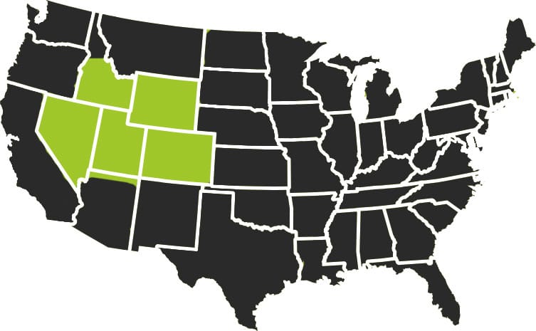 A map of the United States with every state black except Idaho, Nevada, Utah, Wyoming, and Colorado which are lime green.